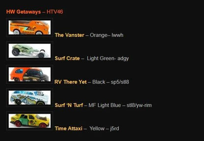 Hot Wheels Car 2024 HW Getaways Pack of 5 (Time Attaxi, Surf Crate, RV There Yet, Surf N Turf, The Vanster) Multi - Color