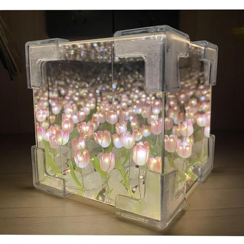 DIY Magic Cube Tulips Flower Table Lamp, Tulip Night Light, Tulip Mirror Lamp, Tulip Night Lamp Material Package, for Valentines Birthday Gifts (Blue)