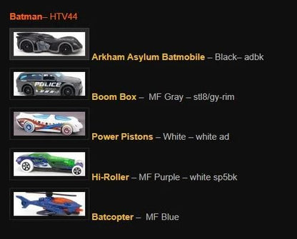 Hot Wheels Car 2024 Batman Pack of 5 (Arkham Asylum Batmobile, Batmobile, Boom Box, Hi Roller, Power Pistons) Multi - Color