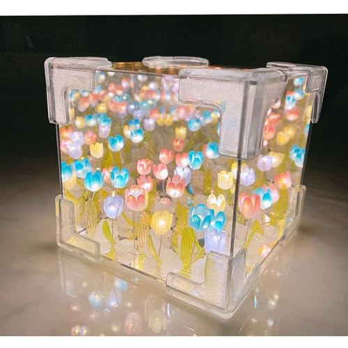 DIY Magic Cube Tulips Flower Table Lamp, Tulip Night Light, Tulip Mirror Lamp, Tulip Night Lamp Material Package, for Valentines Birthday Gifts (Blue)