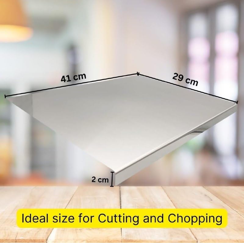 Stainless Steel Chopping Board for Kitchen Non Slip Rust Proof Easy to use Round Edge for Cutting Vegetables, Meat,Fish,Fruits Medium 40 x 32 cm (Chopping Board Lip with Rolling PIN)