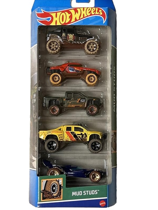 Hot Wheels Car 2024 Mud Studs Pack of 5 (Baja Bone Shaker, Blade Raider, Chevy Silverado Off Road, Sandblaster, Terrain Strom) Multi - Color