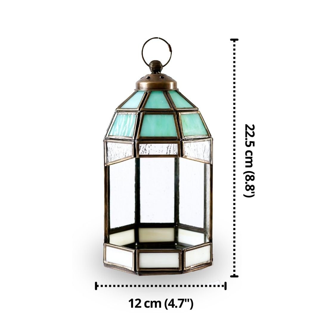 Lantern for Home Decoration for Table-top, Wall-hanging, Modern Candle & Tealight Holder gifting, Antique Brass finish and Stained Glass (Only Lantern), 8.8” height