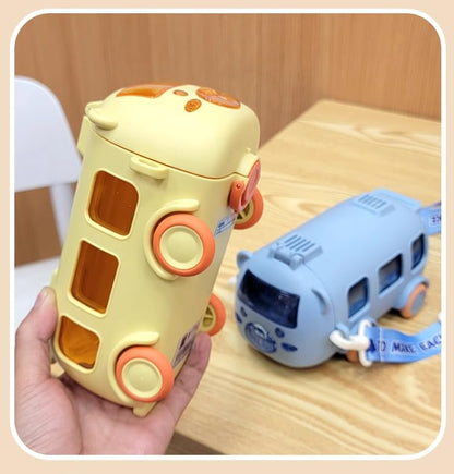 Car Bus Straw Water Cup 500ml Portable Detachable Bus Water Bottle with Shoulder Strap Leak-Proof Kids Drink Cup Cartoon Water Jug Toy Locking Flip Lid Water Kettle(Multicolor, Pack of 1)