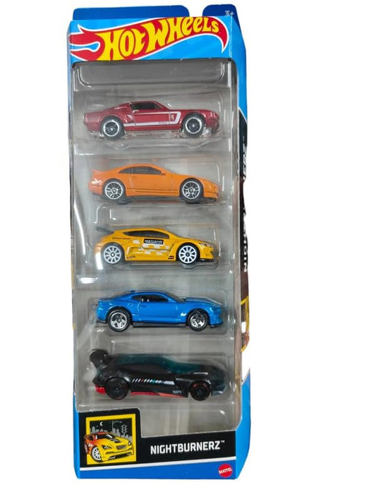 Hot Wheels Car 2024 Nightburberz Pack of 5 (67 Shelby GT500, Nassan 300ZX Twin Turbo, Megane, 2018 Copo Camaro SS, Gazella R) Multi - Color