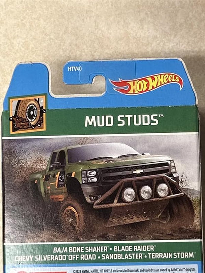 Hot Wheels Car 2024 Mud Studs Pack of 5 (Baja Bone Shaker, Blade Raider, Chevy Silverado Off Road, Sandblaster, Terrain Strom) Multi - Color