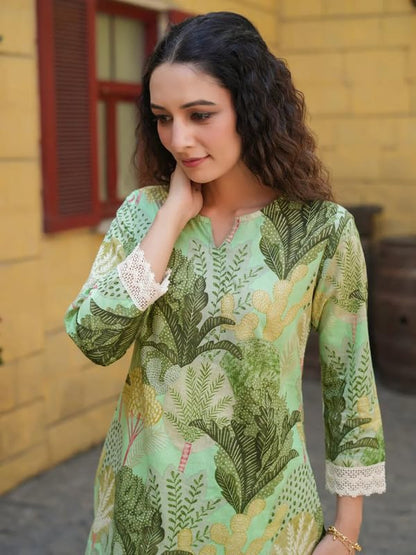 NAINVISH Ethnic Co Ord Set | Casual Wear Pant Top Set | Fancy Co-Ord Set | Full Pair Set | Women Kurta Sets Kurtis | Women Kurta Pant Set | Coord Sets for Women | Green Top Pant Set