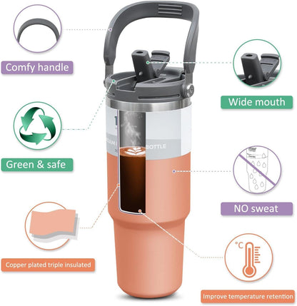 890 ml Stainless Steel Vacuum Insulated Tumbler Leak Resistant and Durable Bottle Included Reusable Straw and Airtight Lid for Gym, Travel, Indoor, Outdoor Use (Pink)