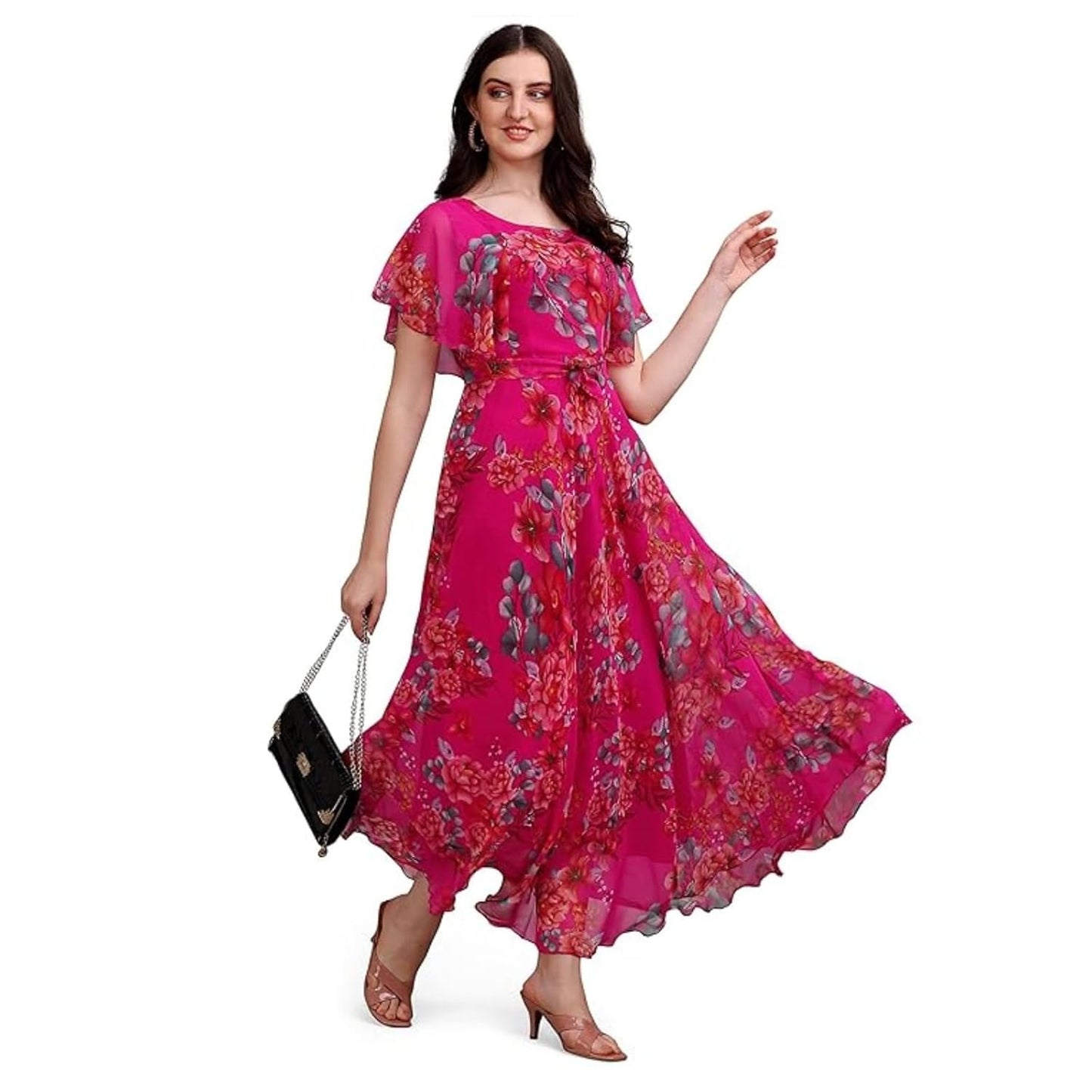 Fashion2wear Women's Georgette Floral Digital Print Short Sleeve Full-Length Fit & Flare Long Gown Dress for Girls (ET-CYWN-E1LE)