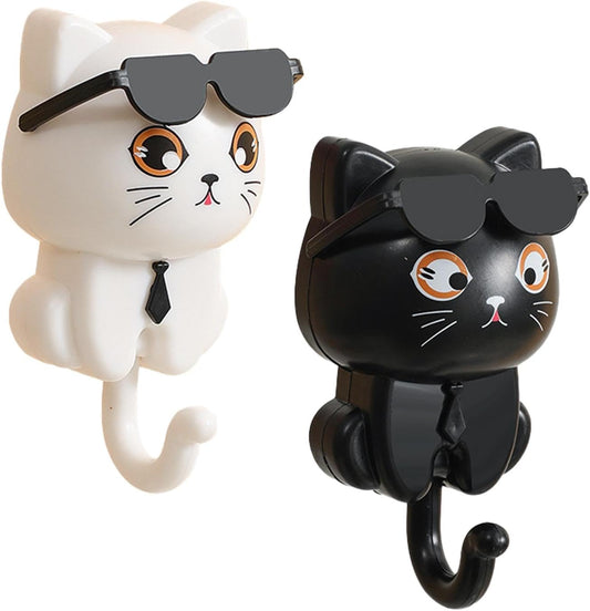 Cool Cat Key Holder, 2pieces Cute Cat Key Hook with Sunglasses, Adhesive Kitten Coat Hooks, Wall Mounted Kitten Gravitys Hook, for Towel Backpack Hat Scarf Hanging Decorations