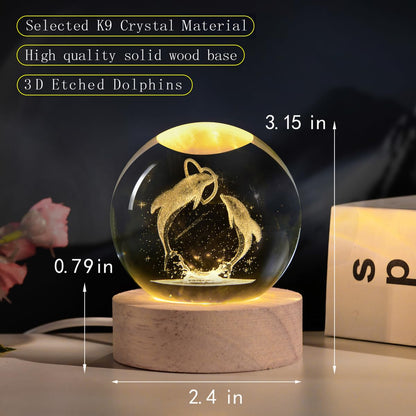 3D Dolphin Crystal Ball Night Light,Dolphin Figurine Lamp,Decorative Glass Sphere Ball Paperweight Crystal Sea Animal Decorations for Home(2.4 in)