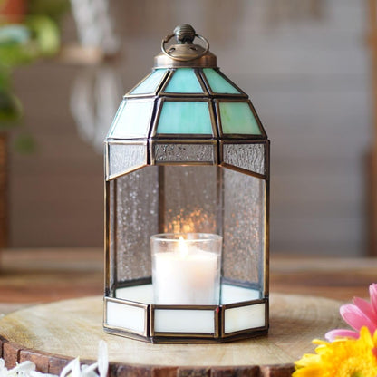 Lantern for Home Decoration for Table-top, Wall-hanging, Modern Candle & Tealight Holder gifting, Antique Brass finish and Stained Glass (Only Lantern), 8.8” height