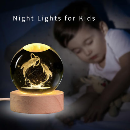 3D Dolphin Crystal Ball Night Light,Dolphin Figurine Lamp,Decorative Glass Sphere Ball Paperweight Crystal Sea Animal Decorations for Home(2.4 in)