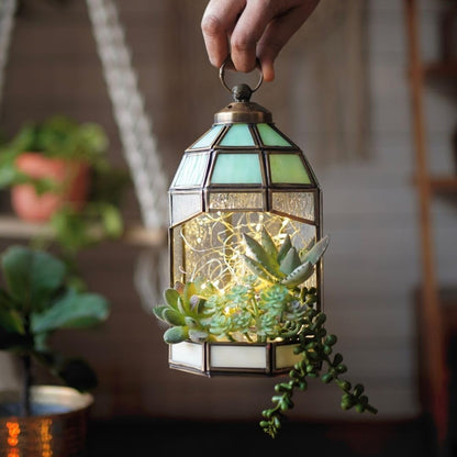 Lantern for Home Decoration for Table-top, Wall-hanging, Modern Candle & Tealight Holder gifting, Antique Brass finish and Stained Glass (Only Lantern), 8.8” height