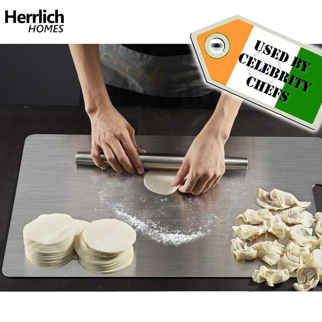 Stainless Steel Chopping Board for Kitchen Non Slip Rust Proof Easy to use Round Edge for Cutting Vegetables, Meat,Fish,Fruits Medium 40 x 32 cm (Chopping Board Lip with Rolling PIN)