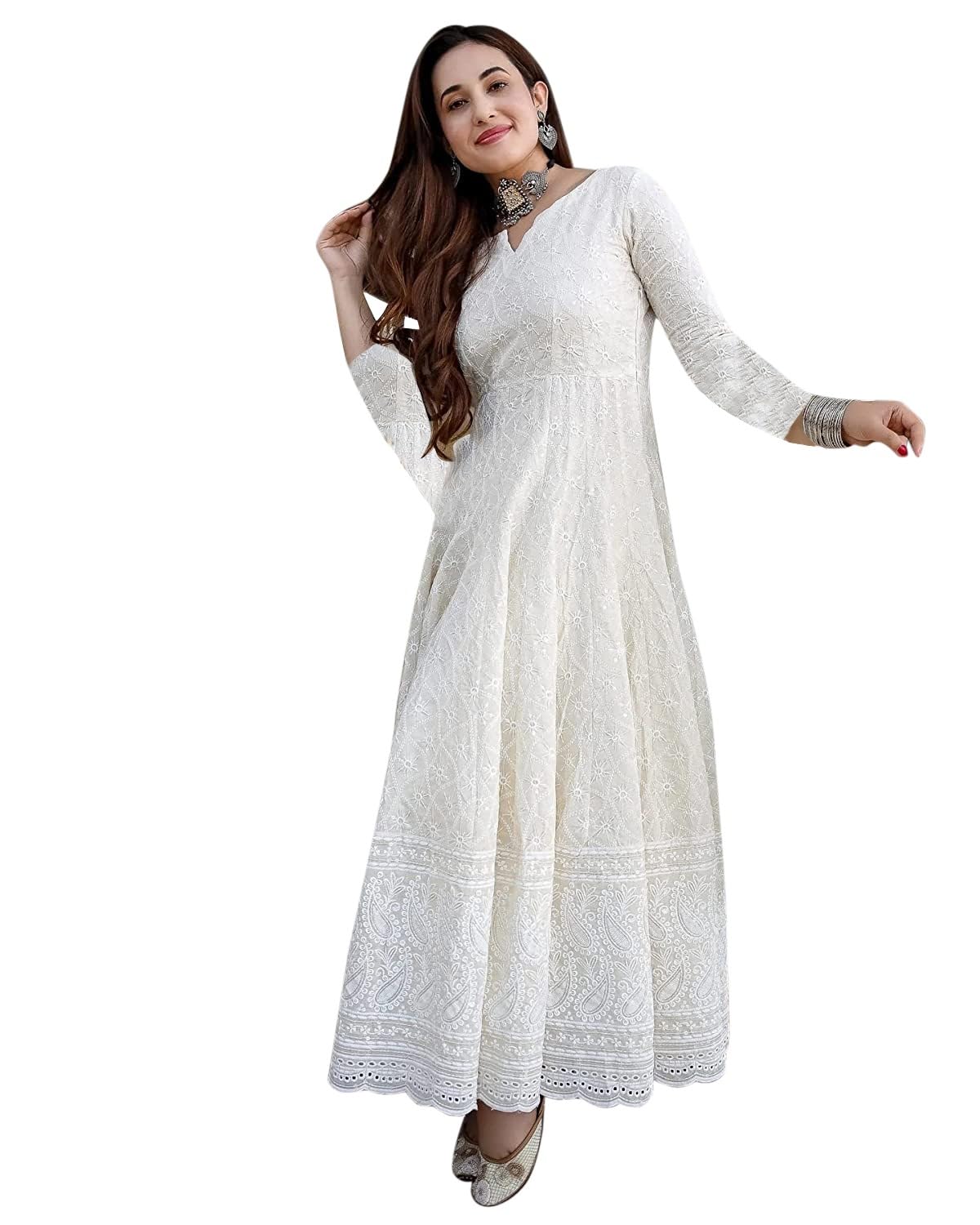 LookMark Women's & Girl's White Color Chikankari Long Kurti Gown