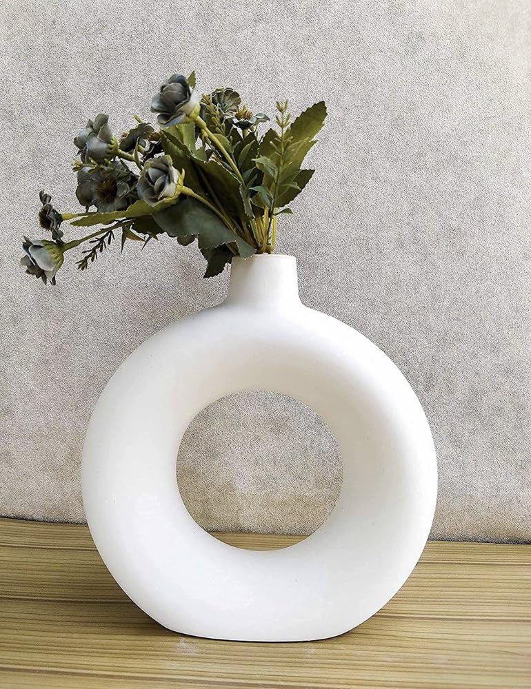 Ceramic Donut Vase, Flower Grass Vase, (White, 6 inch)