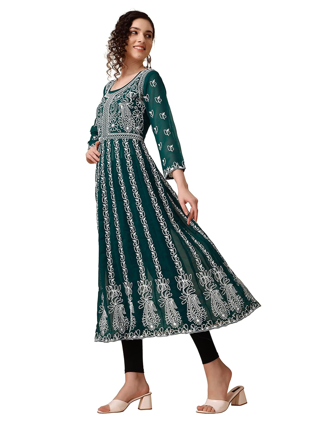 EthnicJunction Women's Lucknowi Chikankari Embroidered Thread Work Georgette Anarkali Kurta