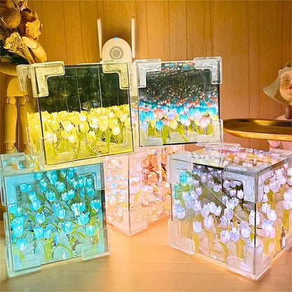 DIY Magic Cube Tulips Flower Table Lamp, Tulip Night Light, Tulip Mirror Lamp, Tulip Night Lamp Material Package, for Valentines Birthday Gifts (Blue)