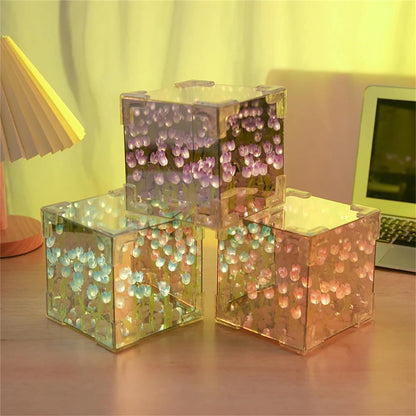 DIY Magic Cube Tulips Flower Table Lamp, Tulip Night Light, Tulip Mirror Lamp, Tulip Night Lamp Material Package, for Valentines Birthday Gifts (Blue)