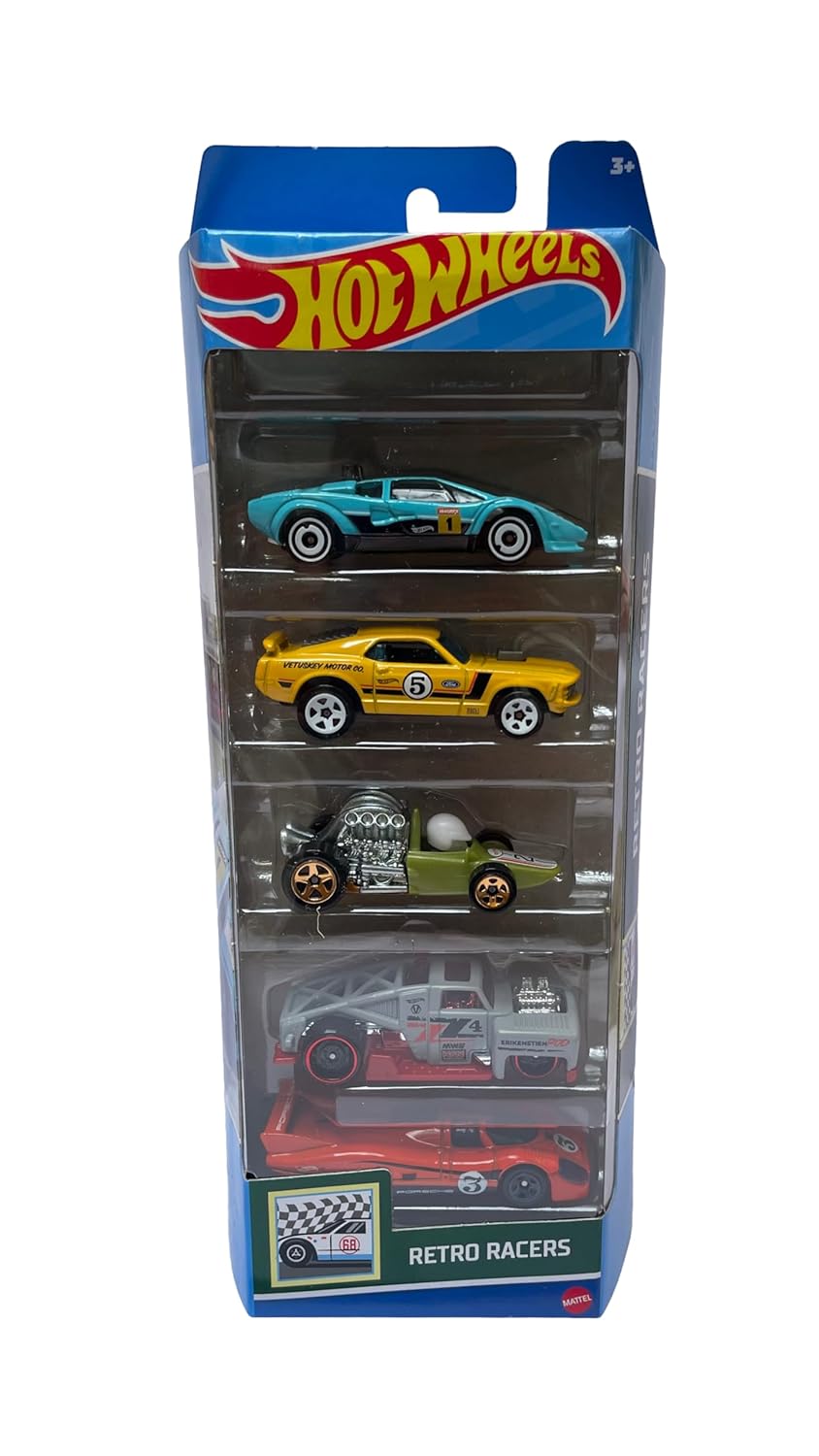 Hot Wheels Car 2024 Retro Racers Pack of 5 (Lamborghini Countach Pace Car, 70 Ford Mustang Mach 1, Head Starter, Erikenstein Rod, Porsche 917 LH) Multi - Color