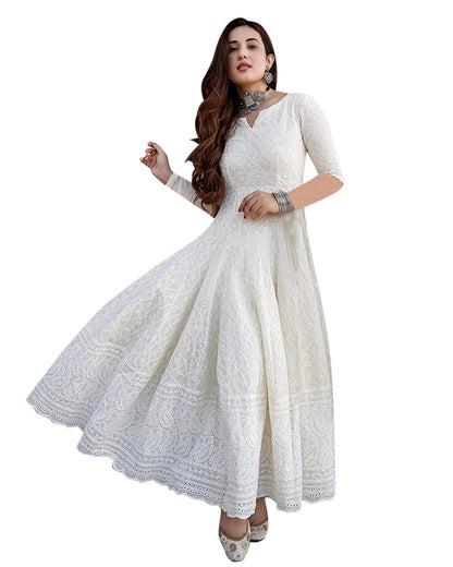 LookMark Women's & Girl's White Color Chikankari Long Kurti Gown