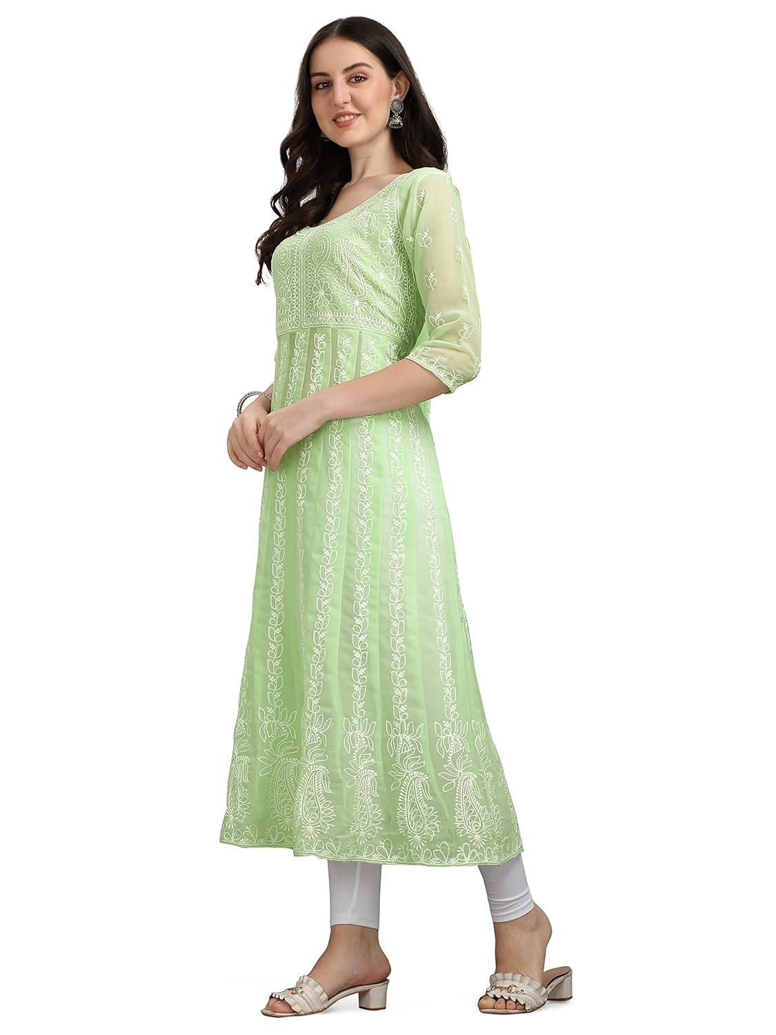 EthnicJunction Women's Lucknowi Chikankari Embroidered Thread Work Georgette Anarkali Kurta