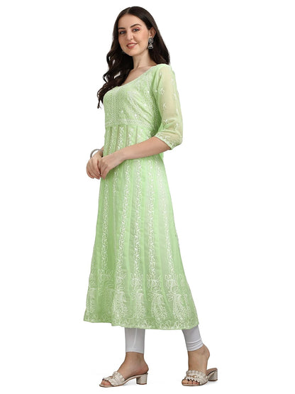 EthnicJunction Women's Lucknowi Chikankari Embroidered Thread Work Georgette Anarkali Kurta