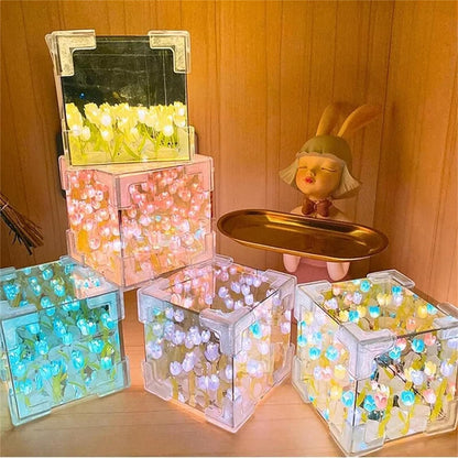 DIY Magic Cube Tulips Flower Table Lamp, Tulip Night Light, Tulip Mirror Lamp, Tulip Night Lamp Material Package, for Valentines Birthday Gifts (Blue)