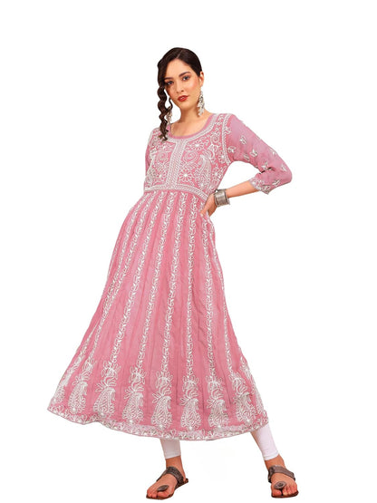 EthnicJunction Women's Lucknowi Chikankari Embroidered Thread Work Georgette Anarkali Kurta