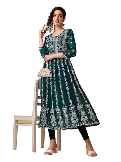 EthnicJunction Women's Lucknowi Chikankari Embroidered Thread Work Georgette Anarkali Kurta