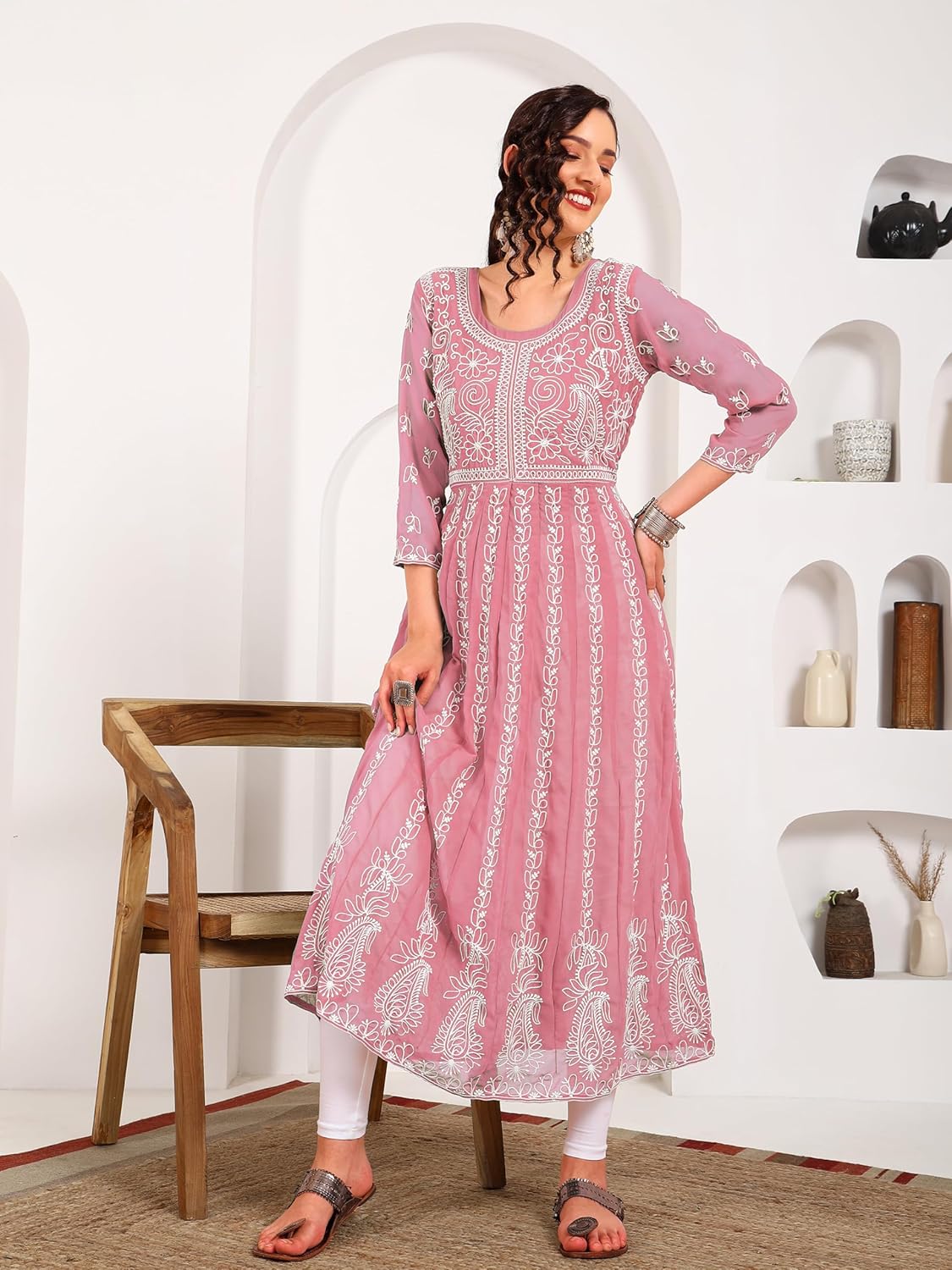 EthnicJunction Women's Lucknowi Chikankari Embroidered Thread Work Georgette Anarkali Kurta