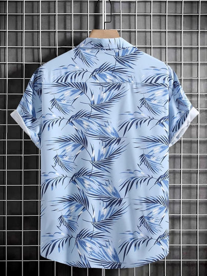 Men's Rayon Tropical Printed Shirt with Hawaii Collar | Ideal Summer Shirt for Outings, Beach, or Vacation (Large, Sky)