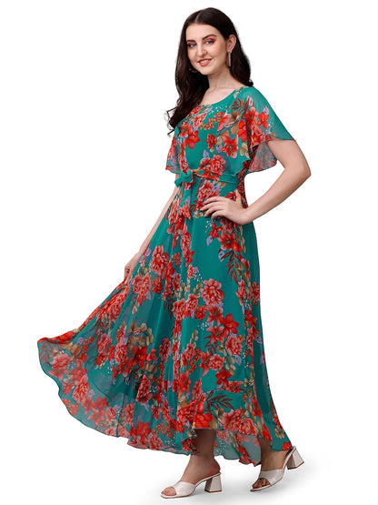 Fashion2wear Women's Georgette Floral Digital Print Short Sleeve Full-Length Fit & Flare Long Gown Dress for Girls (ET-CYWN-E1LE)