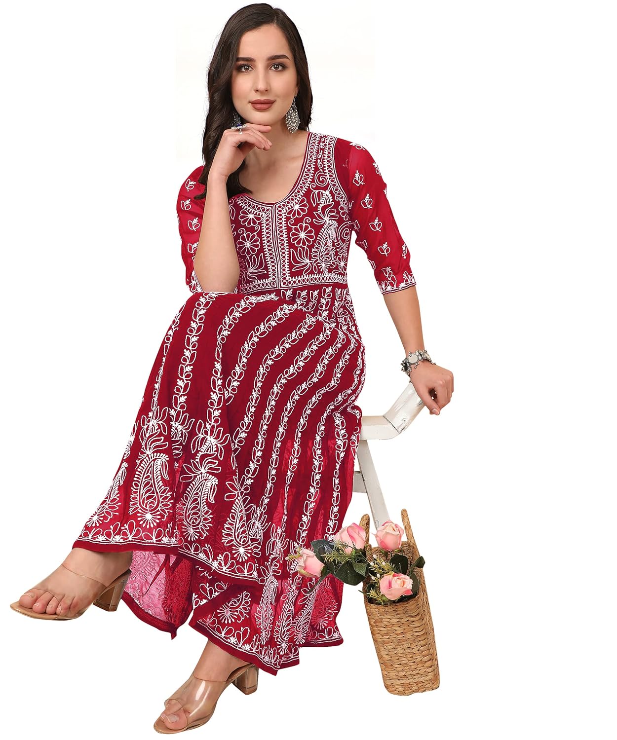 EthnicJunction Women's Lucknowi Chikankari Embroidered Thread Work Georgette Anarkali Kurta