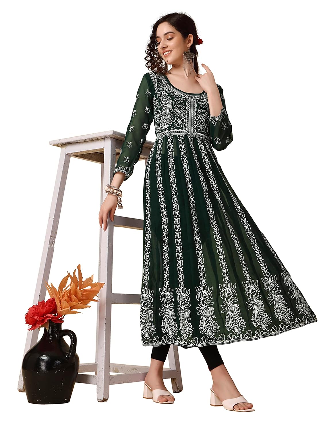 EthnicJunction Women's Lucknowi Chikankari Embroidered Thread Work Georgette Anarkali Kurta