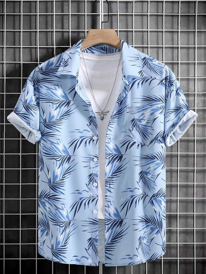 Men's Rayon Tropical Printed Shirt with Hawaii Collar | Ideal Summer Shirt for Outings, Beach, or Vacation (Large, Sky)