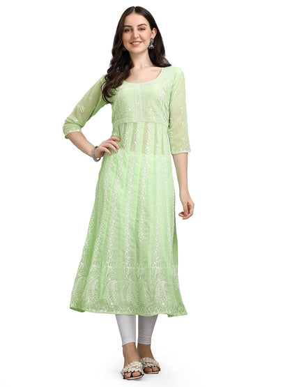 EthnicJunction Women's Lucknowi Chikankari Embroidered Thread Work Georgette Anarkali Kurta