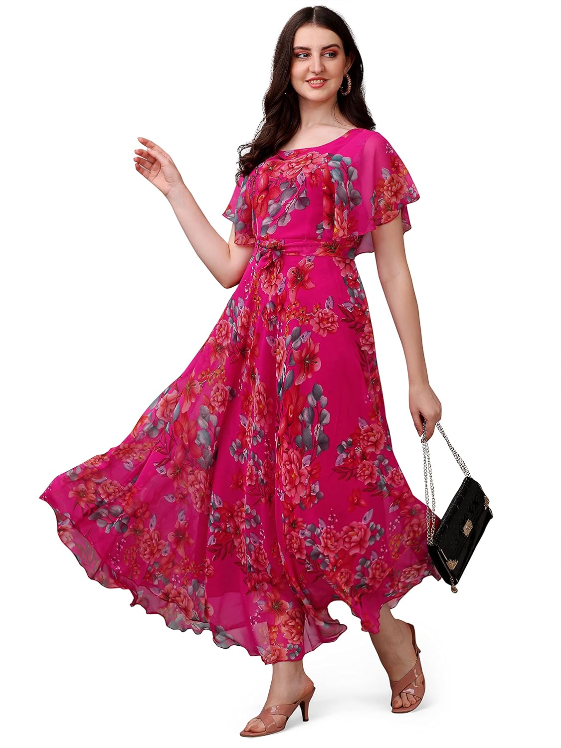 Fashion2wear Women's Georgette Floral Digital Print Short Sleeve Full-Length Fit & Flare Long Gown Dress for Girls (ET-CYWN-E1LE)