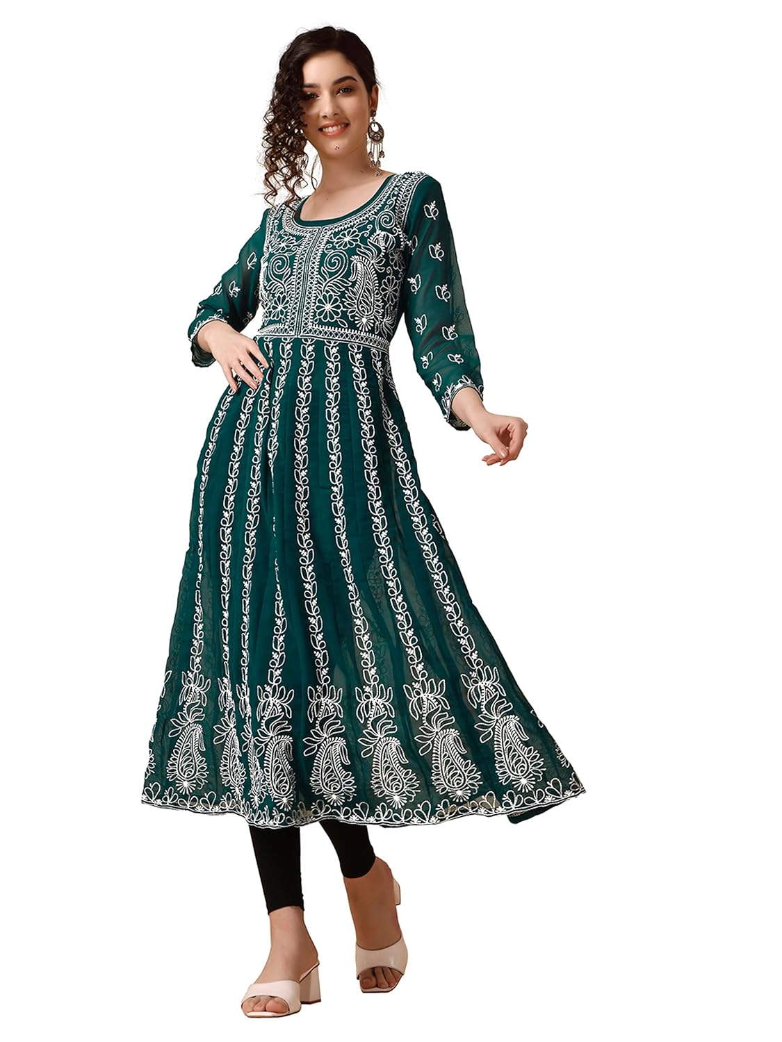 EthnicJunction Women's Lucknowi Chikankari Embroidered Thread Work Georgette Anarkali Kurta