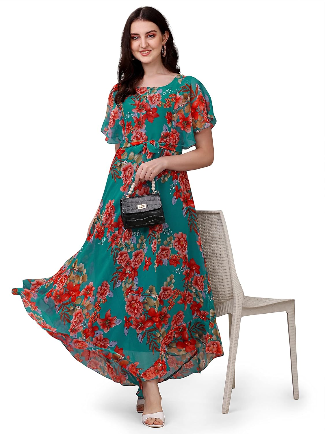 Fashion2wear Women's Georgette Floral Digital Print Short Sleeve Full-Length Fit & Flare Long Gown Dress for Girls (ET-CYWN-E1LE)