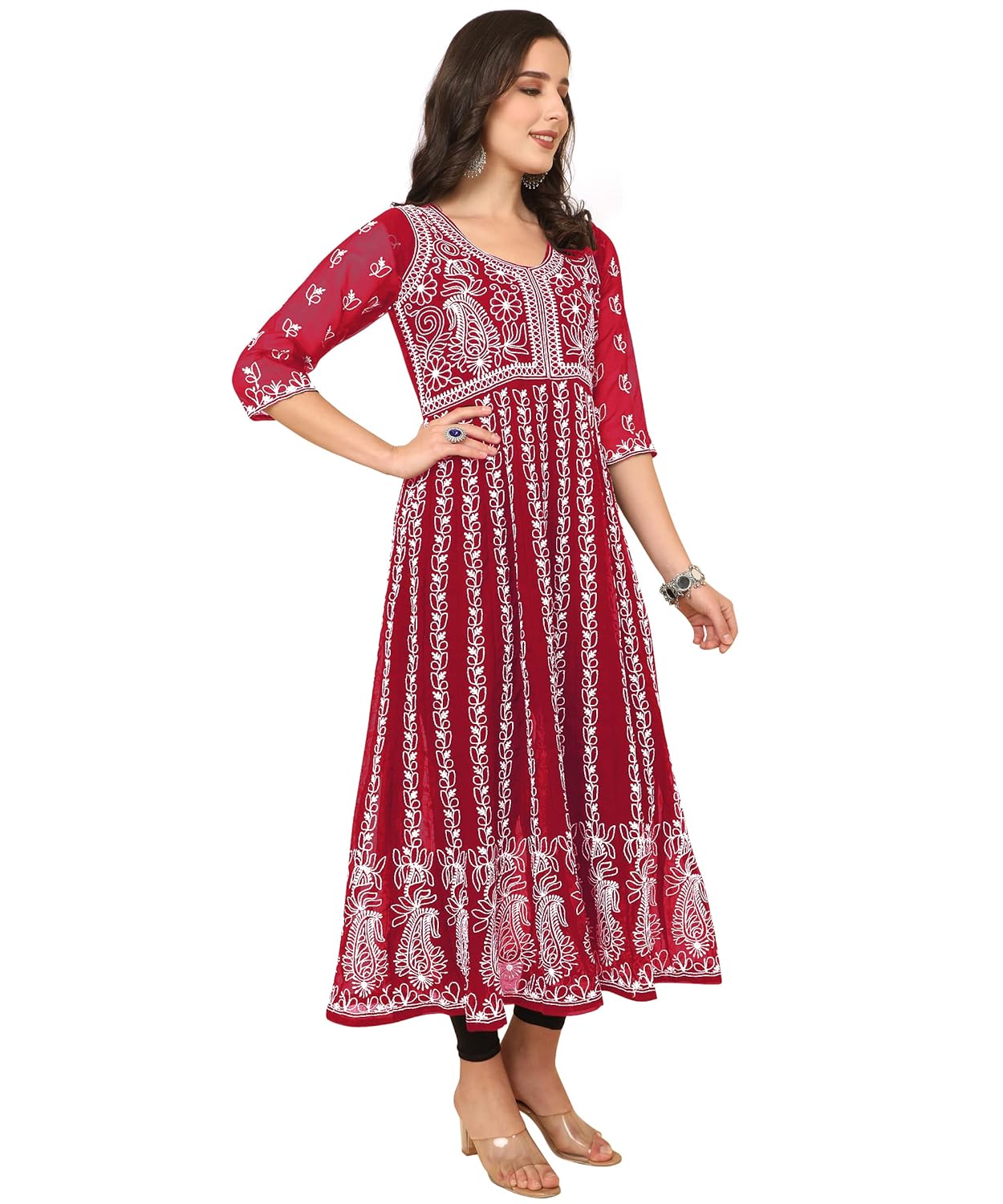 EthnicJunction Women's Lucknowi Chikankari Embroidered Thread Work Georgette Anarkali Kurta