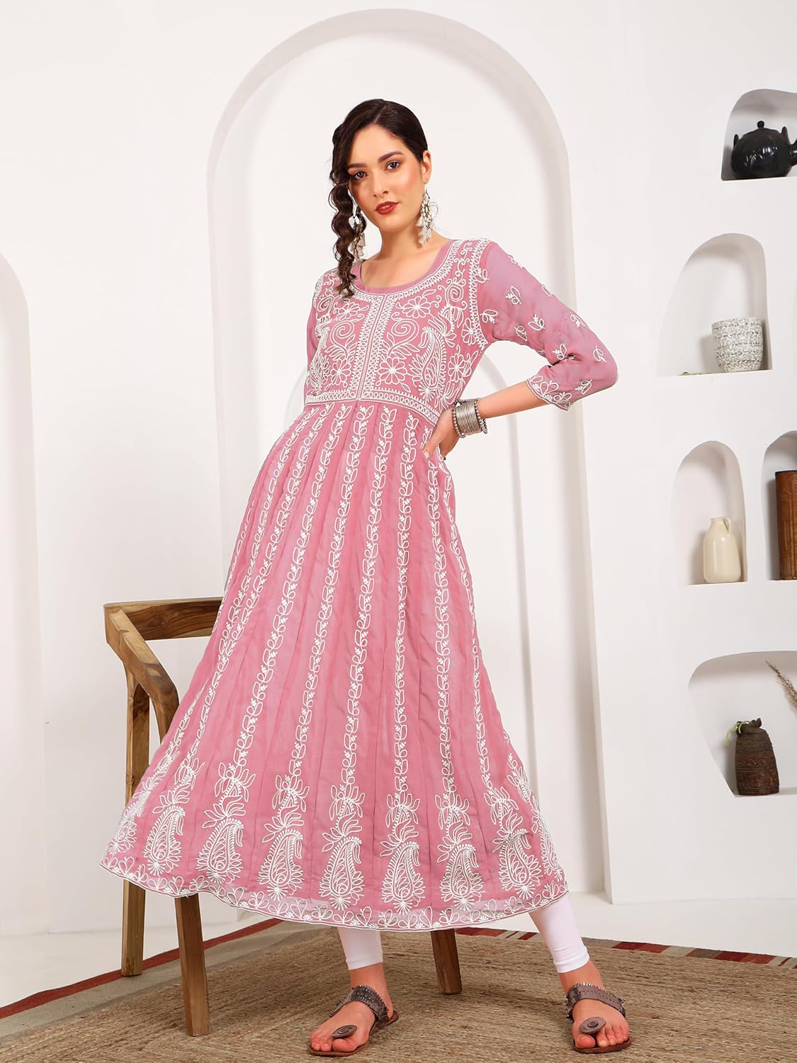 EthnicJunction Women's Lucknowi Chikankari Embroidered Thread Work Georgette Anarkali Kurta