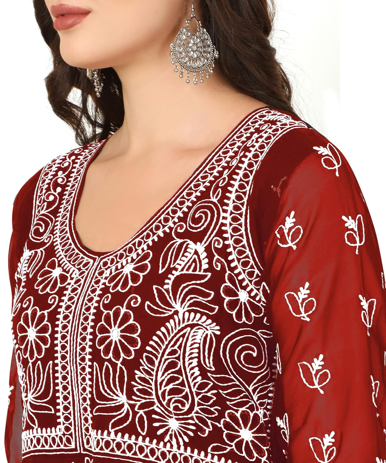 EthnicJunction Women's Lucknowi Chikankari Embroidered Thread Work Georgette Anarkali Kurta