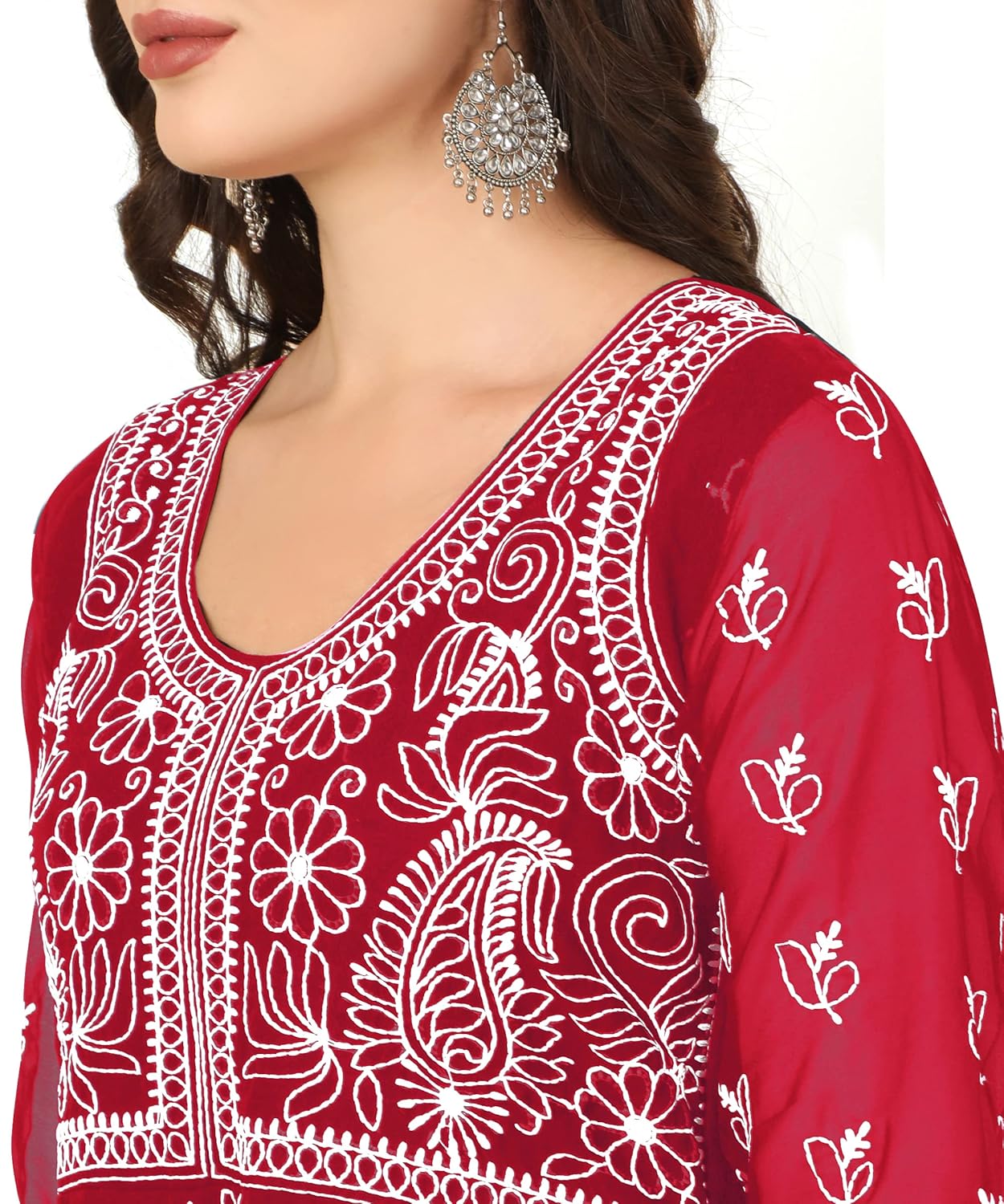 EthnicJunction Women's Lucknowi Chikankari Embroidered Thread Work Georgette Anarkali Kurta