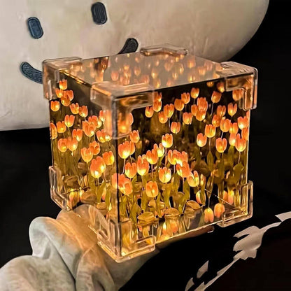 DIY Magic Cube Tulips Flower Table Lamp, Tulip Night Light, Tulip Mirror Lamp, Tulip Night Lamp Material Package, for Valentines Birthday Gifts (Blue)